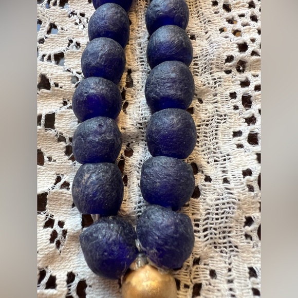 Handmade Ghana African Recycled Sea Glass Beads Necklace Cross Navy Blue - Picture 5 of 6